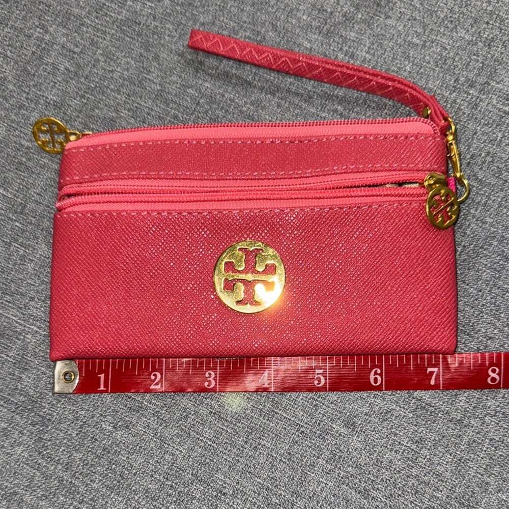 Tory Burch Pink Clutch with Gold Logo and Wrist Strap